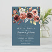 Terracotta Floral Dusty Blue QR Code Wedding Einladung (Stehend Vorderseite)