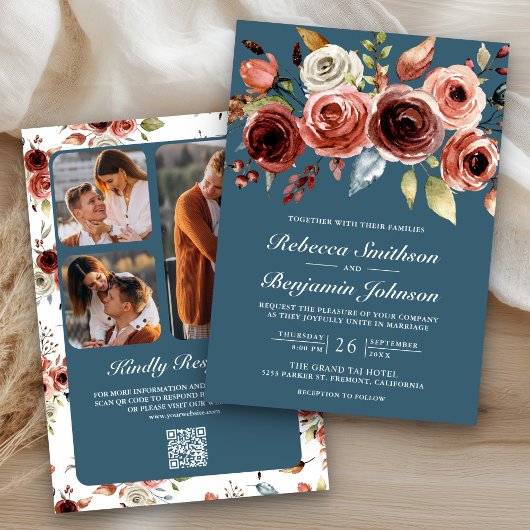 Terracotta Floral Dusty Blue QR Code Wedding Einladung