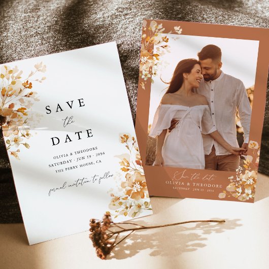 Terracotta Floral Elegant Photo Back Wedding Save The Date