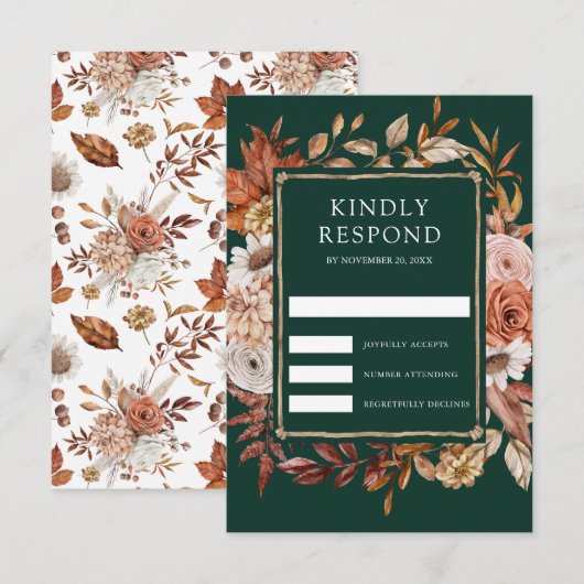 Terracotta Floral Emerald Green Wedding RSVP Karte (Vorne/Hinten)