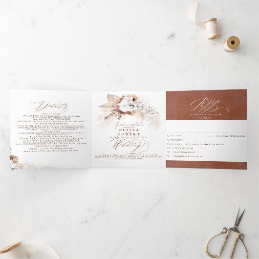 Terracotta Floral Exotic Modern Boho Wedding Dreifach Gefaltete Einladung (Innenseite)