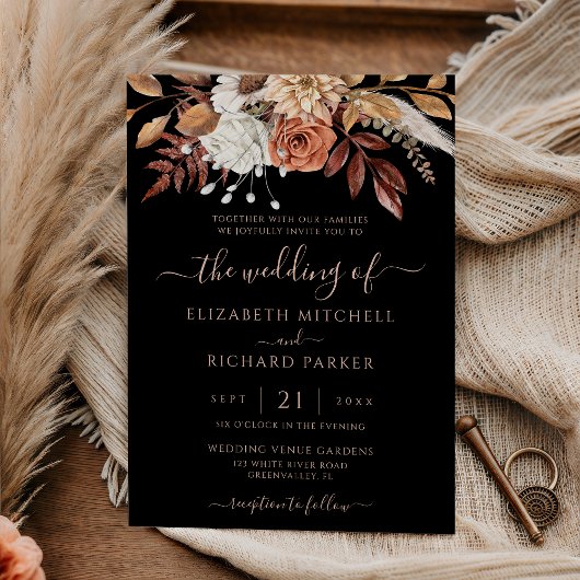 Terracotta Floral Fall Foliage Moody Black Wedding Einladung