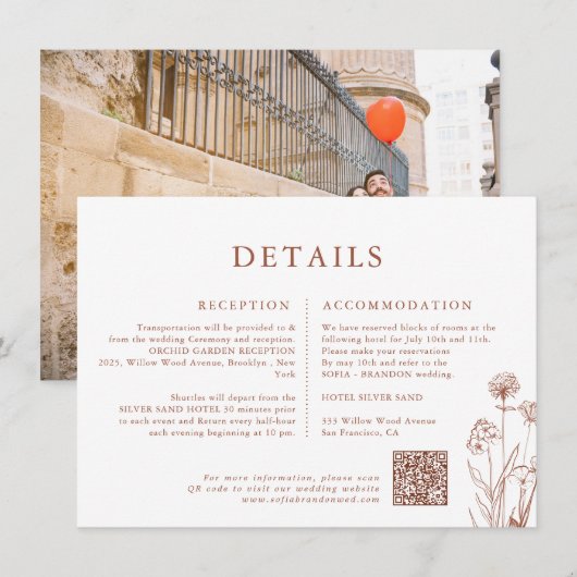 Terracotta Floral Fall Wildblume Hochzeit Details Begleitkarte (Vorne/Hinten)