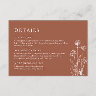 Terracotta Floral Fall Wildblume Hochzeit Details Begleitkarte