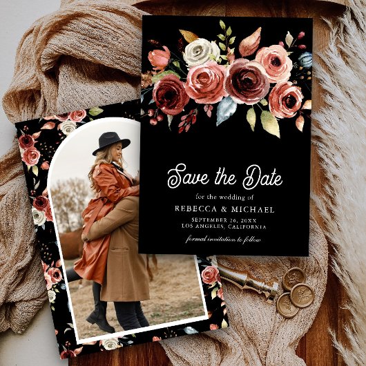Terracotta Floral Foto Black Wedge Save The Date