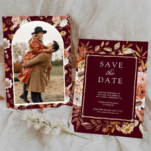 Terracotta Floral Foto Burgundy Wedding Save The Date