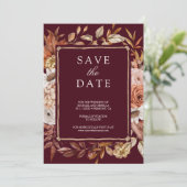 Terracotta Floral Foto Burgundy Wedding Save The Date (Stehend Vorderseite)
