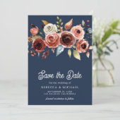 Terracotta Floral Foto Navy Blue Wedding Save The Date (Stehend Vorderseite)