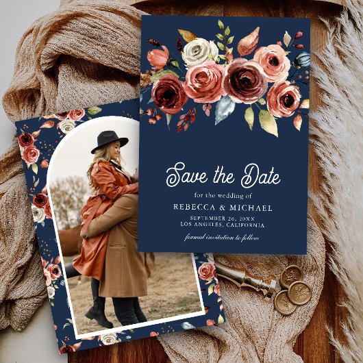 Terracotta Floral Foto Navy Blue Wedding Save The Date