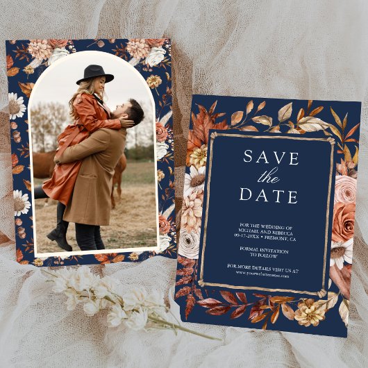 Terracotta Floral Foto Navy Blue Wedding Save The Date