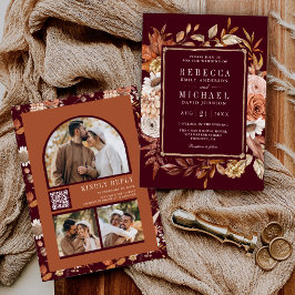 Terracotta Floral Foto QR Code Burgundy Wedding Einladung