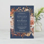 Terracotta Floral Foto QR Code Navy Blue Wedding Einladung (Stehend Vorderseite)