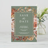 Terracotta Floral Foto Sage Green Wedding Save The Date (Stehend Vorderseite)