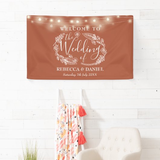Terracotta Floral Garland Script Wedding Banner (Insitu)