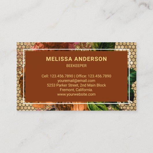 Terracotta Floral Gold Foil Honeycomb Honey Bee Visitenkarte (Rückseite)
