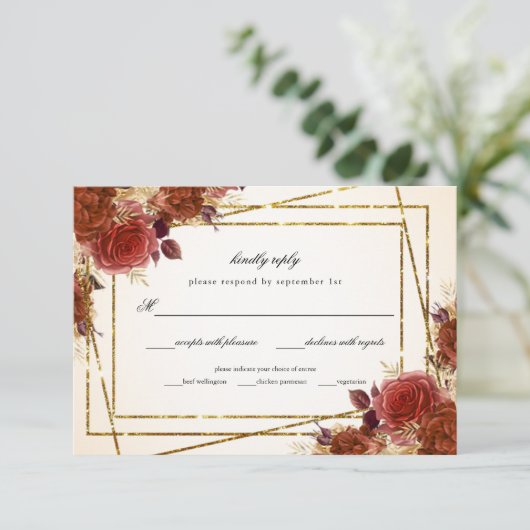 Terracotta Floral Gold Glitzer Frame Wedding RSVP Karte (Stehend Vorderseite)