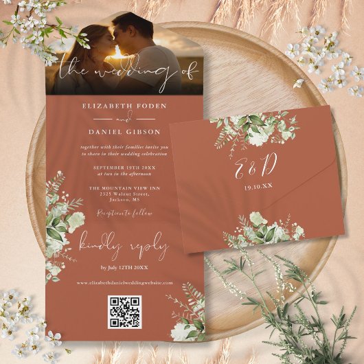 Terracotta Floral Greenery QR Code Wedding Foto All In One Einladung