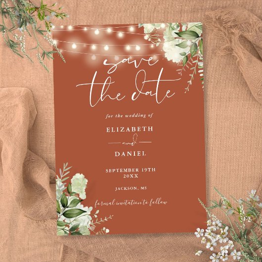 Terracotta Floral Greenery String Lights Wedding Save The Date