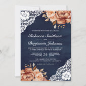 Terracotta Floral Lace Navy Blue QR Code Hochzeit Einladung (Vorderseite)