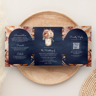 Terracotta Floral Mason Jar Navy QR Code Hochzeit Dreifach Gefaltete Einladung
