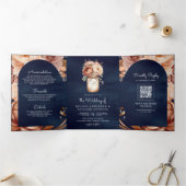 Terracotta Floral Mason Jar Navy QR Code Hochzeit Dreifach Gefaltete Einladung (Innenseite)