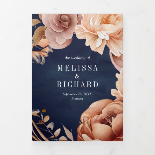 Terracotta Floral Mason Jar Navy QR Code Hochzeit Dreifach Gefaltete Einladung (Cover)