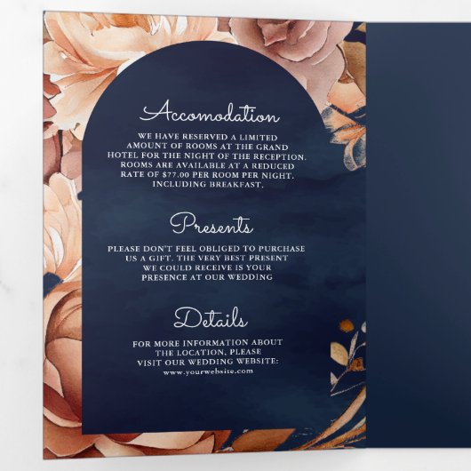 Terracotta Floral Mason Jar Navy QR Code Hochzeit Dreifach Gefaltete Einladung (Innen Erste Seite)