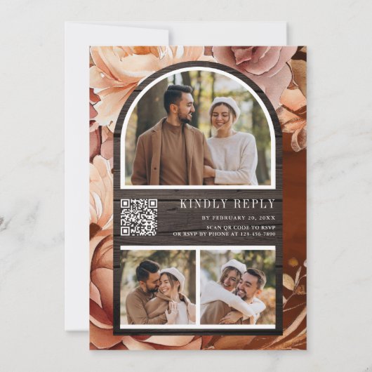 Terracotta Floral Mason Jar Wood QR Code Wedding Einladung (Rückseite)