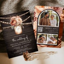 Terracotta Floral Mason Jar Wood QR Code Wedding