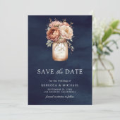 Terracotta Floral Navy Blauer Foto Hochzeit Save The Date (Stehend Vorderseite)