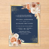 Terracotta Floral Navy Blue Gold Wedding Acryleinladungen (Vorderseite)