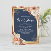 Terracotta Floral Navy Blue QR Code Brautparty Einladung (Stehend Vorderseite)