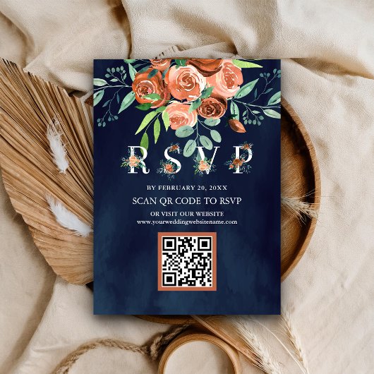 Terracotta Floral Navy Blue QR Code UAWG Wedding Begleitkarte