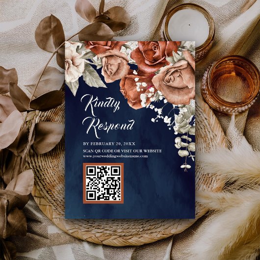Terracotta Floral Navy Blue QR Code UAWG Wedding Begleitkarte