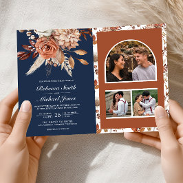 Terracotta Floral Navy Blue QR Code Wedding Einladung