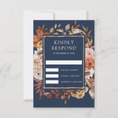 Terracotta Floral Navy Blue Wedding RSVP Karte (Vorderseite)
