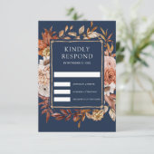 Terracotta Floral Navy Blue Wedding RSVP Karte (Stehend Vorderseite)