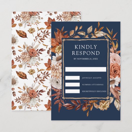 Terracotta Floral Navy Blue Wedding RSVP Karte (Vorne/Hinten)