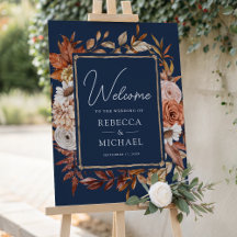 Terracotta Floral Navy Blue Wedding Welcome Sign