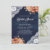 Terracotta Floral Navy Foto QR Code Brautparty Einladung (Stehend Vorderseite)