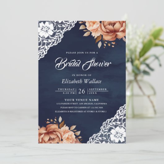 Terracotta Floral Navy Foto QR Code Brautparty Einladung (Stehend Vorderseite)