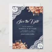 Terracotta Floral Navy Foto QR Code Hochzeit Save The Date (Vorderseite)