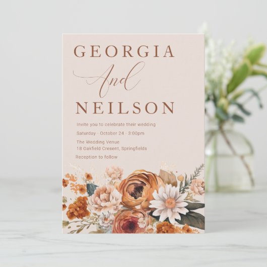 Terracotta Floral Orange Brown Autumn Fall Wedding Einladung (Stehend Vorderseite)