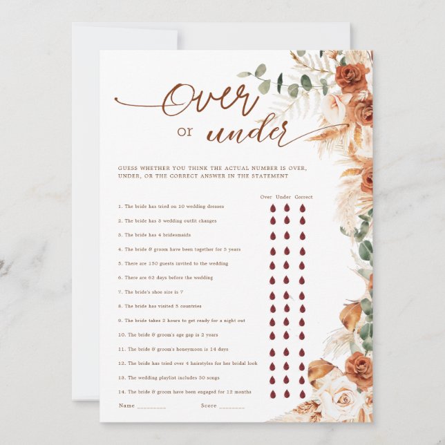 Terracotta Floral Over or Under Bridal Shower Game (Vorderseite)