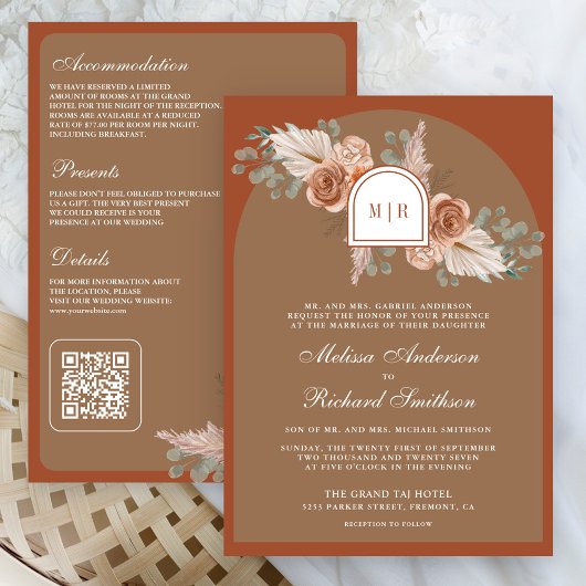 Terracotta Floral Pampas Beige Tan QR Code Wedding Einladung