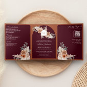 Terracotta Floral Pampas Burgundy QR Code Wedding Dreifach Gefaltete Einladung