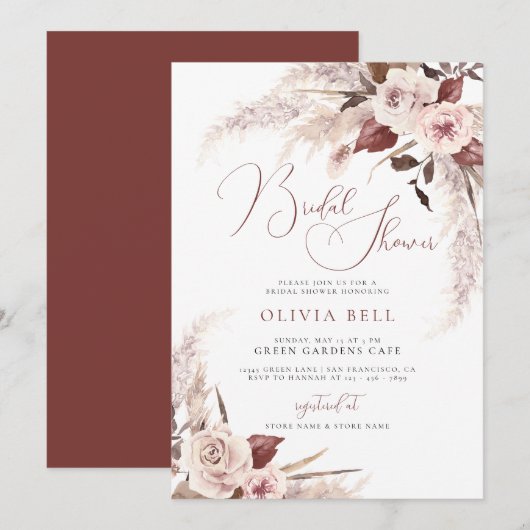 Terracotta Floral Pampas Earthy Boho Brautparty Einladung (Vorne/Hinten)