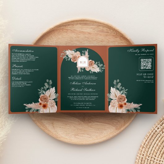 Terracotta Floral Pampas Emerald QR Code Wedding Dreifach Gefaltete Einladung