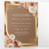 Terracotta Floral Pampas Gold Beige Hochzeit Dreifach Gefaltete Einladung (Innen Erste Seite)