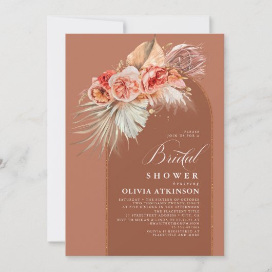 Terracotta Floral Pampas Grass Boho Brautparty Einladung (Vorderseite)